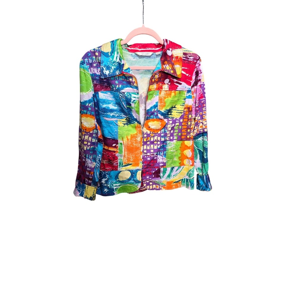 Erin London Womens Abstract Art Print Zip Up Jacket Multi Color Size Medium